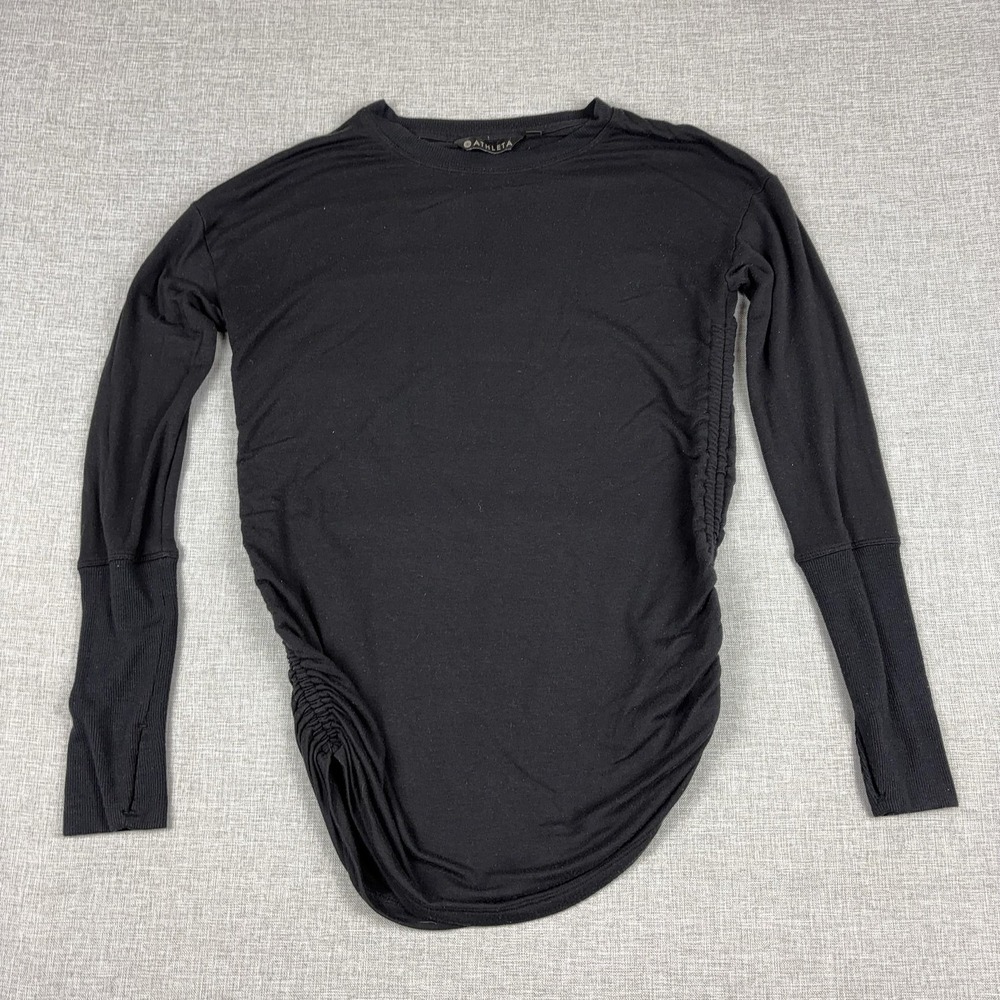 Athleta Shirt Womens XXS Black Long Sleeve Ruched Side Thumbhole Athletic Top